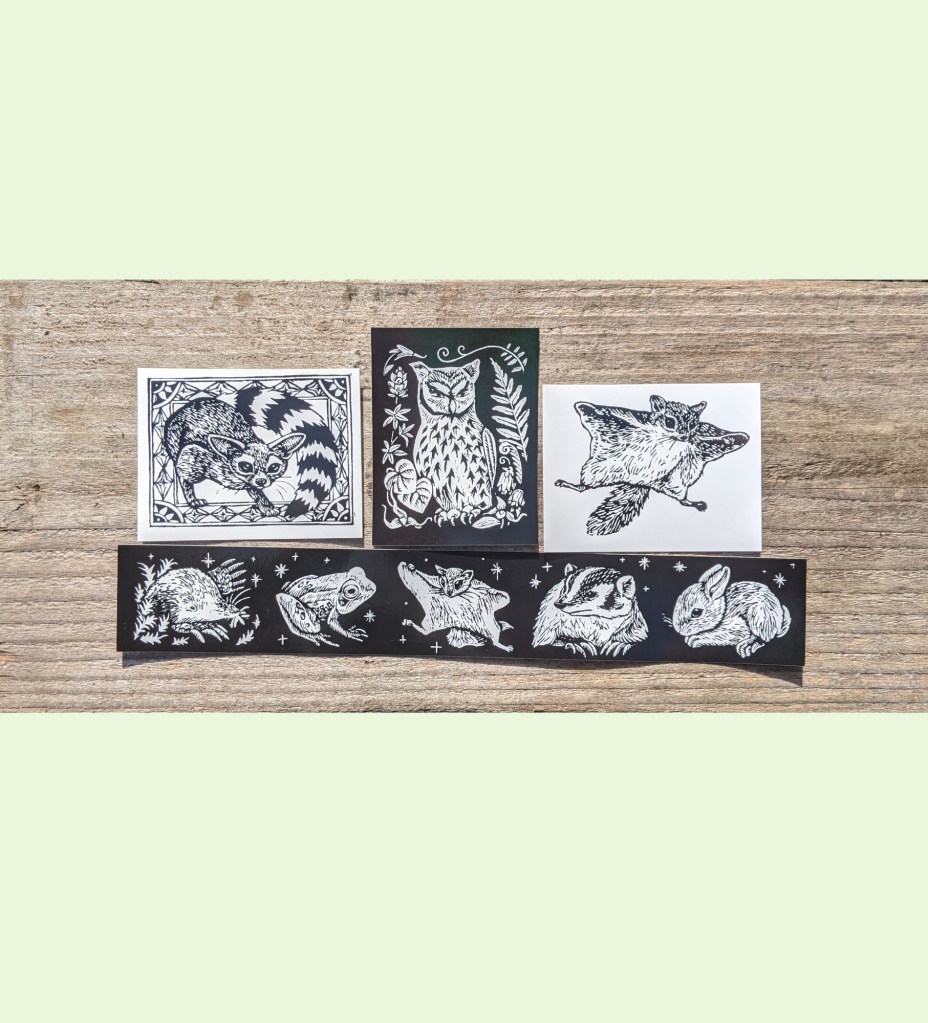 a group of black and white wildlife illustrated stickers