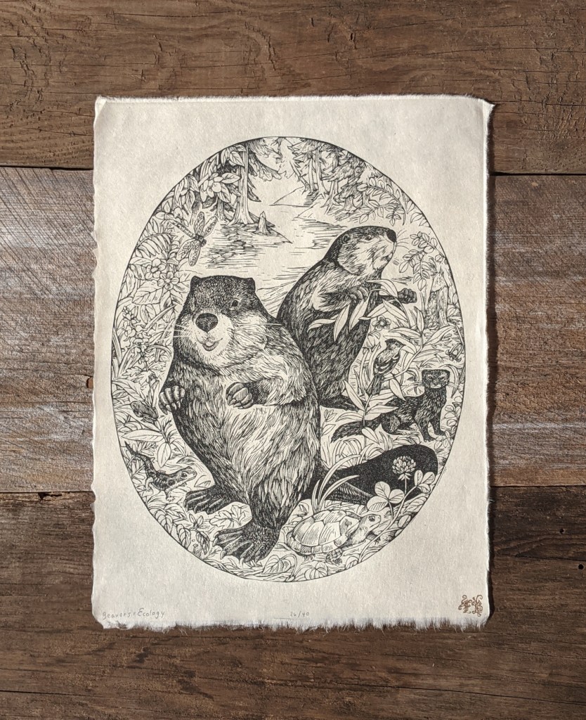 An oval b&w block-print of two beavers