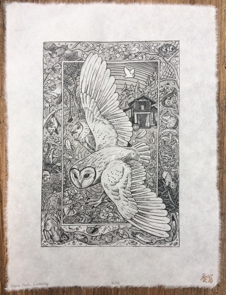 A block printed illustration on paper of two barn owls bordered by illustrations of small mammals and birds