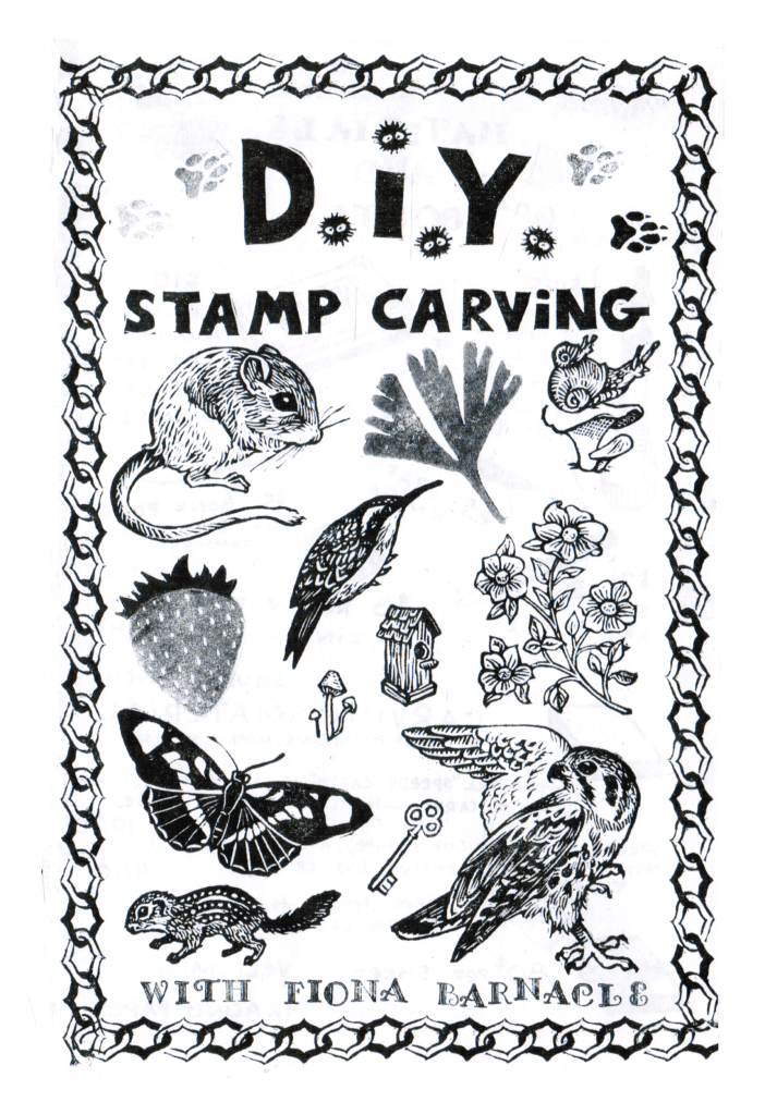 cover of a zine called "DIY STAMP CARVING with fiona barnacle"