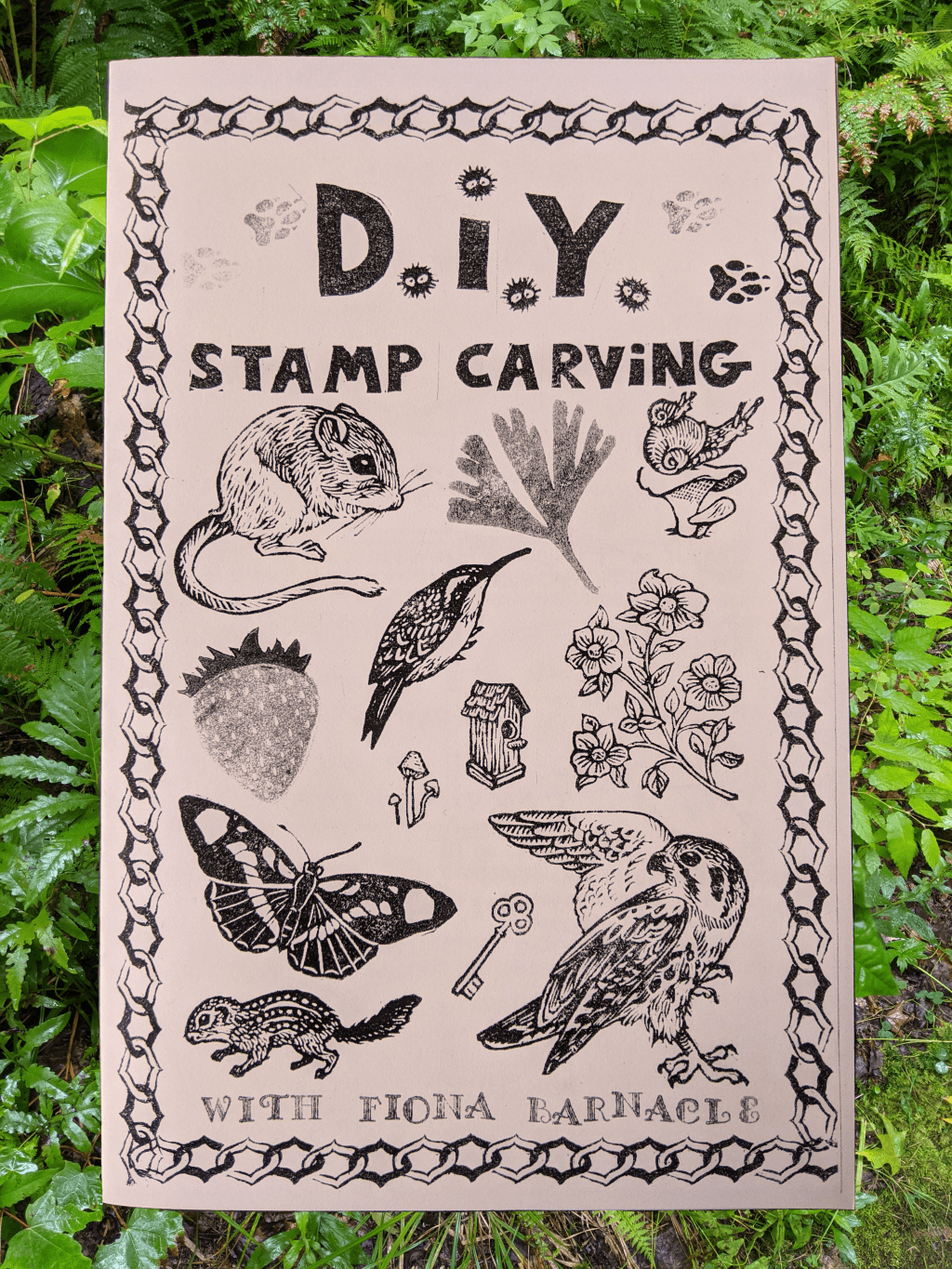 cover of a zine called "DIY STAMP CARVING with Fiona Barnacle" with hand-carved stamps of animals and plants
